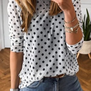 Black Polka Dot Sheer Mesh Long Sleeve Round Neck Shift Top