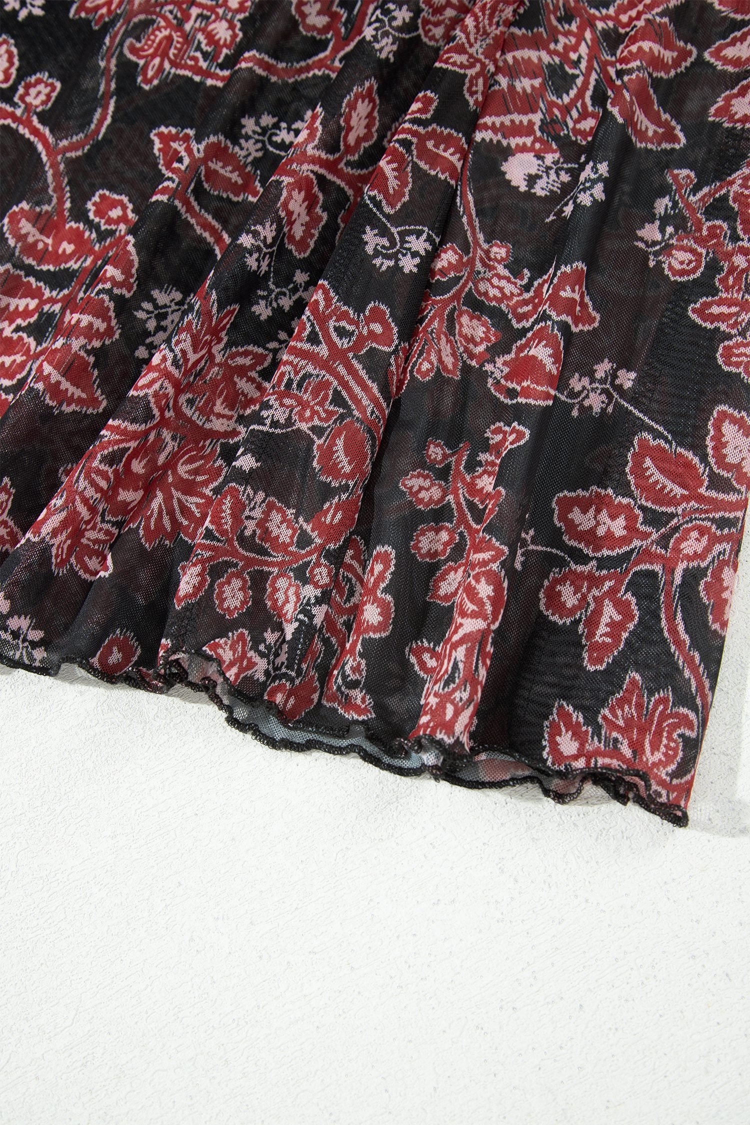 Black Retro Floral Print Long Sleeve Casual Mesh Dress