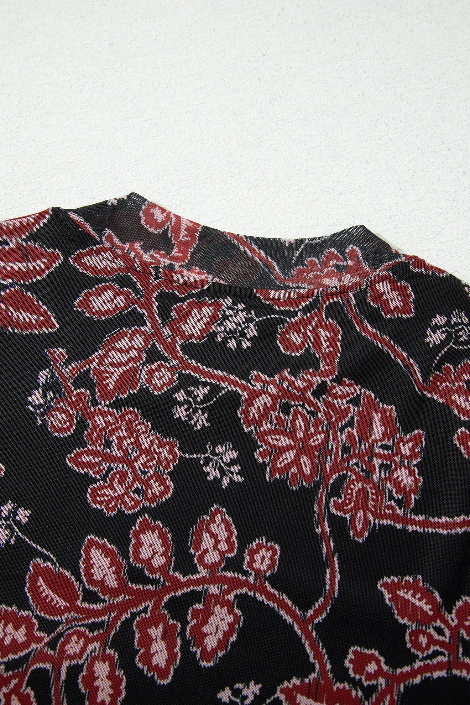 Black Retro Floral Print Long Sleeve Casual Mesh Dress