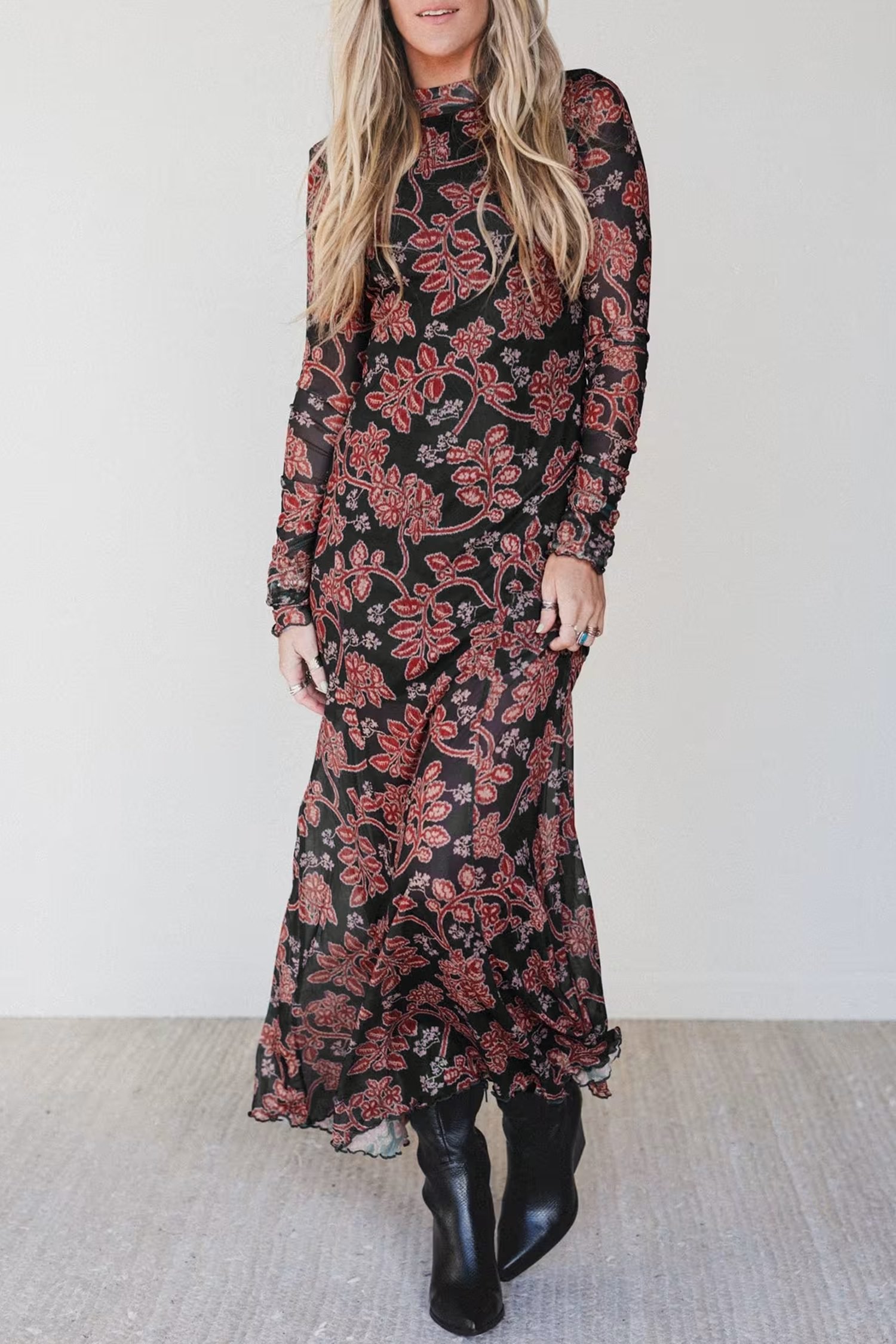 Black Retro Floral Print Long Sleeve Casual Mesh Dress