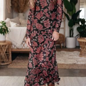 Black Retro Floral Print Long Sleeve Casual Mesh Dress