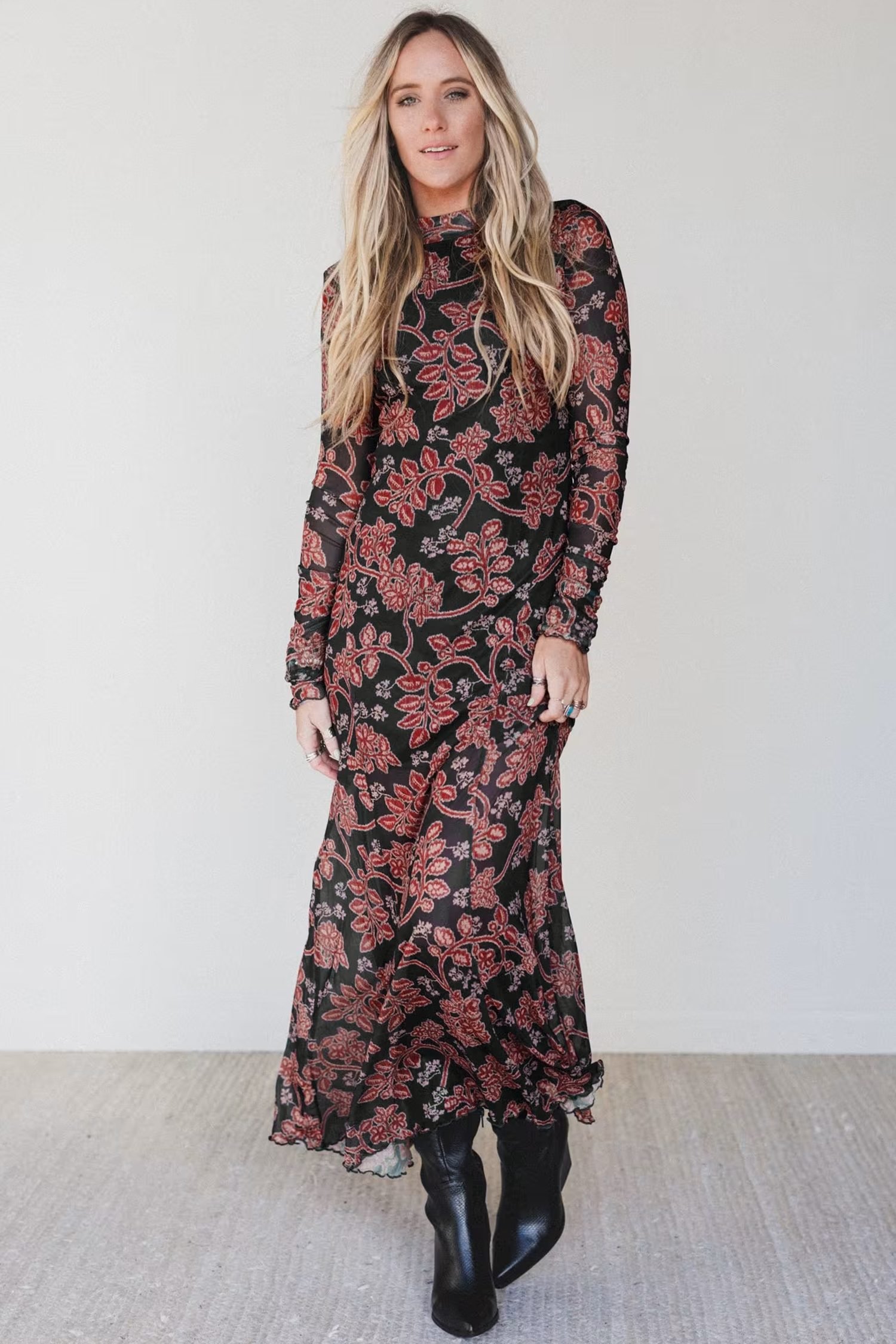 Black Retro Floral Print Long Sleeve Casual Mesh Dress