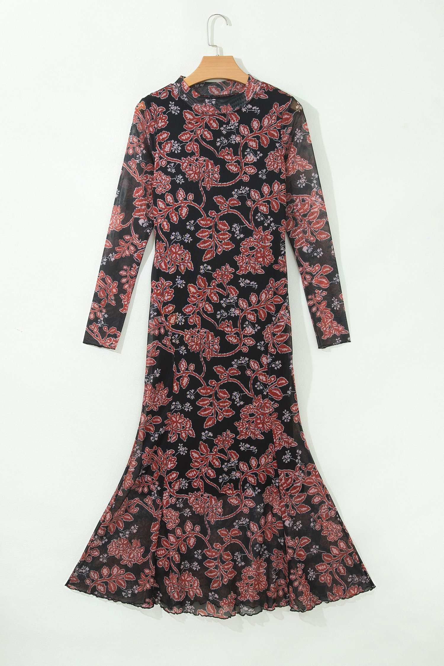 Black Retro Floral Print Long Sleeve Casual Mesh Dress