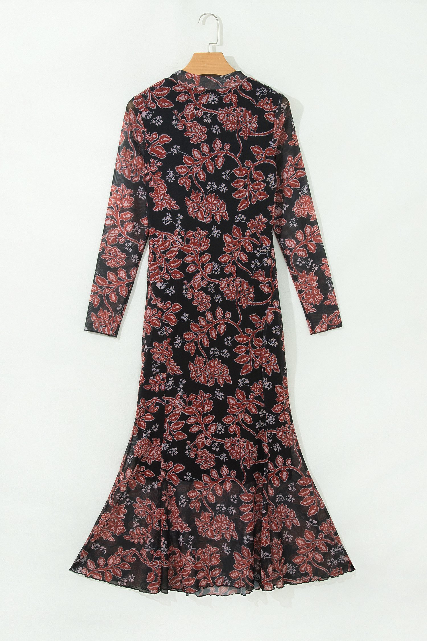 Black Retro Floral Print Long Sleeve Casual Mesh Dress