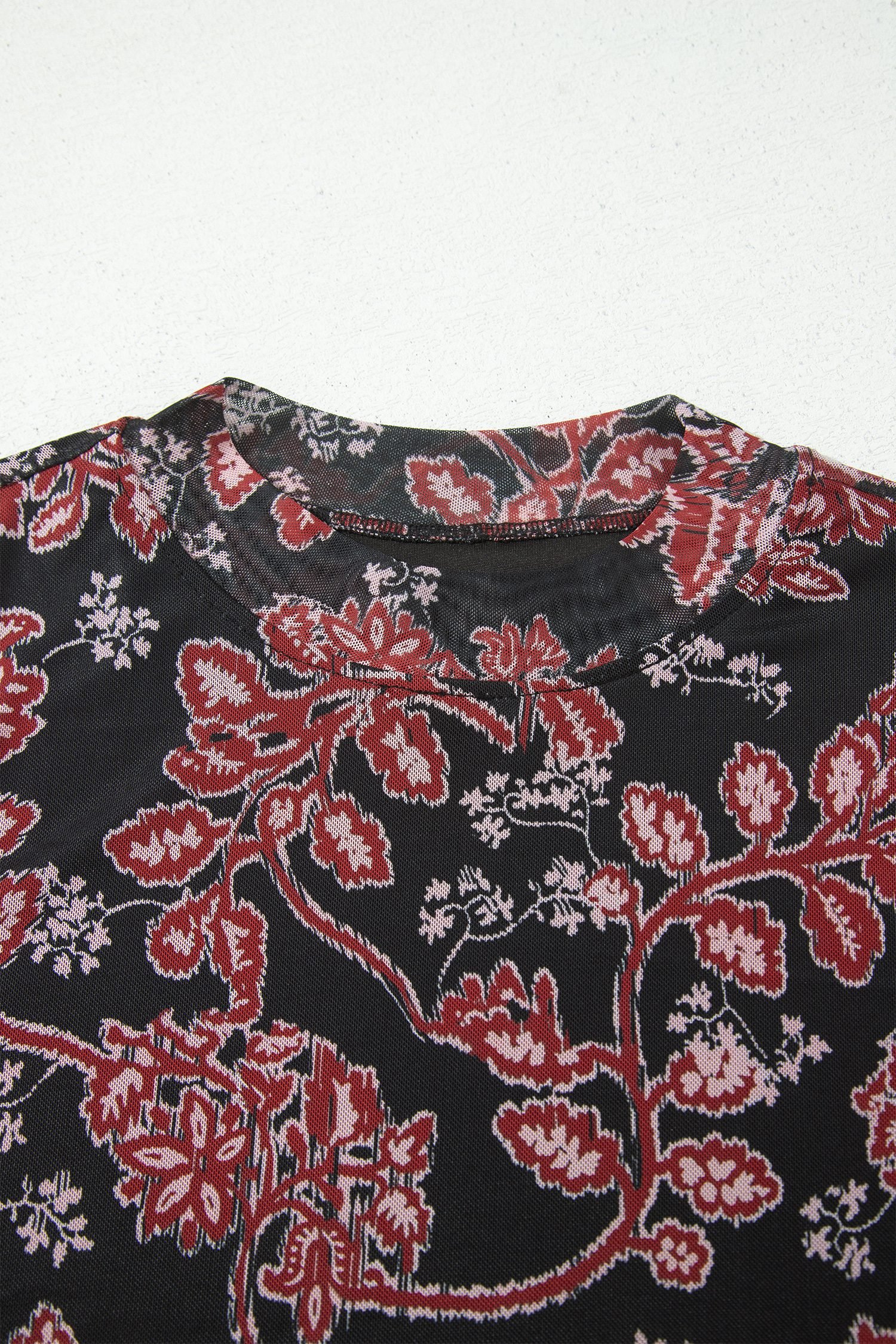 Black Retro Floral Print Long Sleeve Casual Mesh Dress