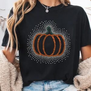 Black Rhinestone Pumpkin Graphic Casual Short Sleeve Tee