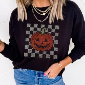 Black Rhinestone Pumpkin Graphic Long Sleeve T-Shirt