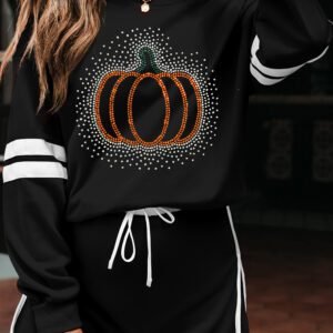 Black Rhinestone Pumpkin Graphic Varsity Striped Long Sleeve Top Drawstring Mini Skort 2pcs Set