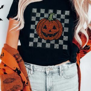 Black Rhinestone Pumpkin Halloween Graphic T-Shirt