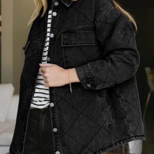 Black Rhombus Stitched Pattern Button Pocketed Denim Jacket