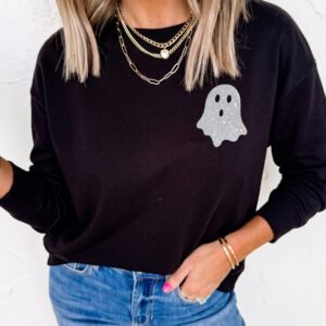 Black Round Neck Ghost Print Regular Fit Graphic Long Sleeve T-Shirt