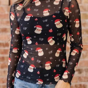 Black Santa Print Sheer Stand Neck Long Sleeve Top