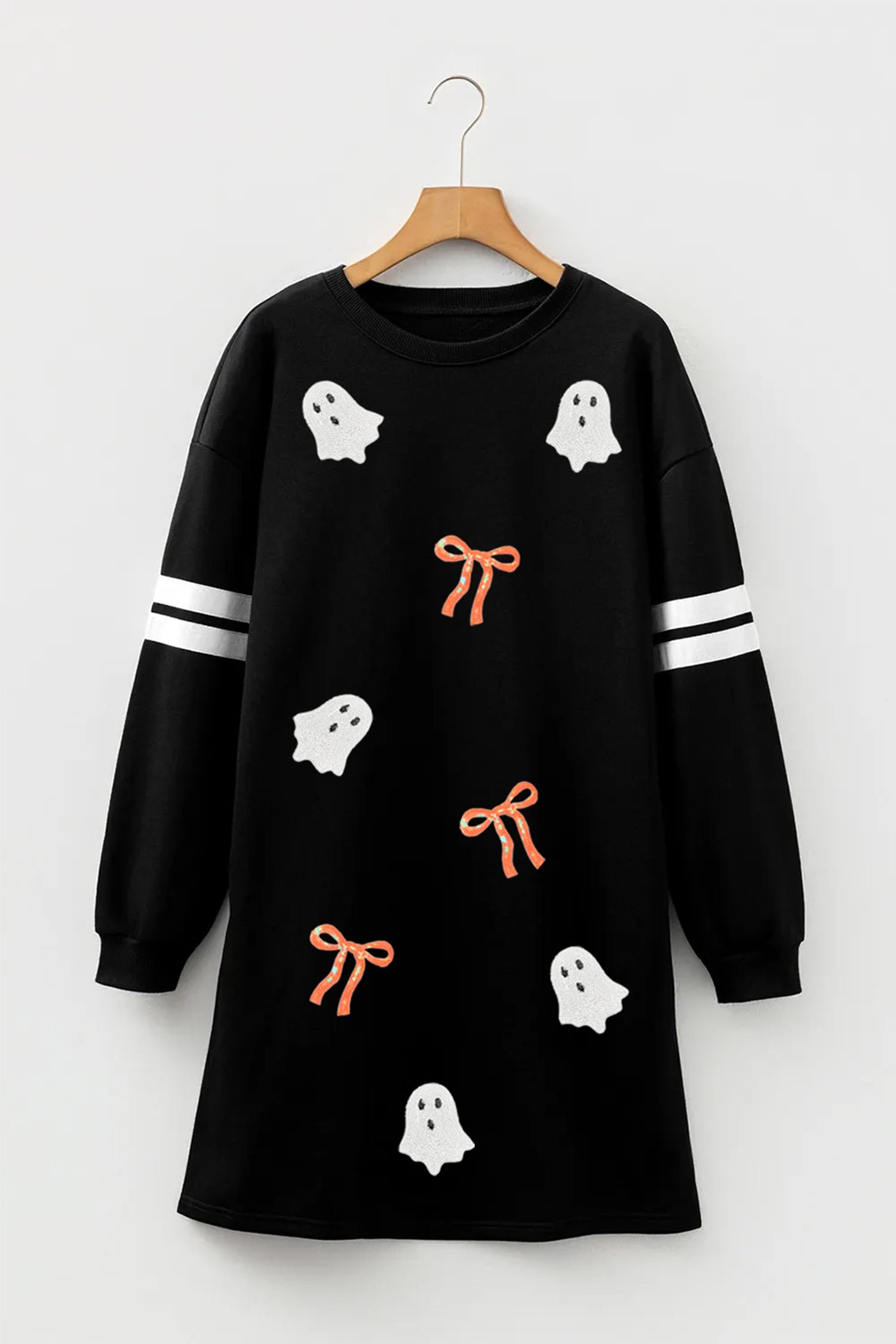 Black Sequin Ghost Graphic Varsity Striped Sleeve Halloween Sweatshirt Dress