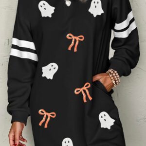 Black Sequin Ghost Graphic Varsity Striped Sleeve Halloween Sweatshirt Dress