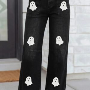 Black Sequin Ghost Patched Graphic Raw Hem Casual Jeans