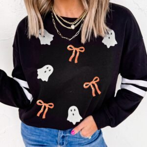 Black Sequin Halloween Ghosts Bows Graphic Varsity Striped Sleeve Casual Pullover Sweatshirt