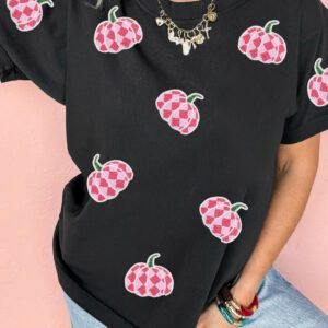 Black Sequin Plaid Pumpkin Graphic Round Neck T Shirt
