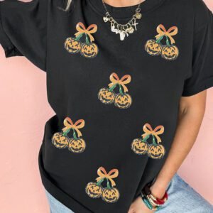 Black Sequin Pumpkin Cherry Graphic Round Neck Casual T Shirt