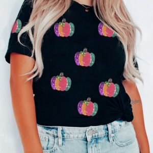 Black Sequined Pumpkin Graphic Round Neck Casual T Shirt
