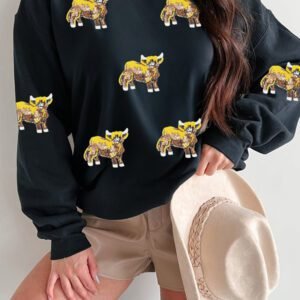 Black Sequined Western Print Long Sleeve Casual Pullover Sweatshirt