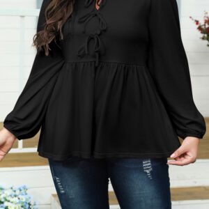 Black Solid Color Bow Tie Front Long Sleeve Plus Size Peplum Blouse