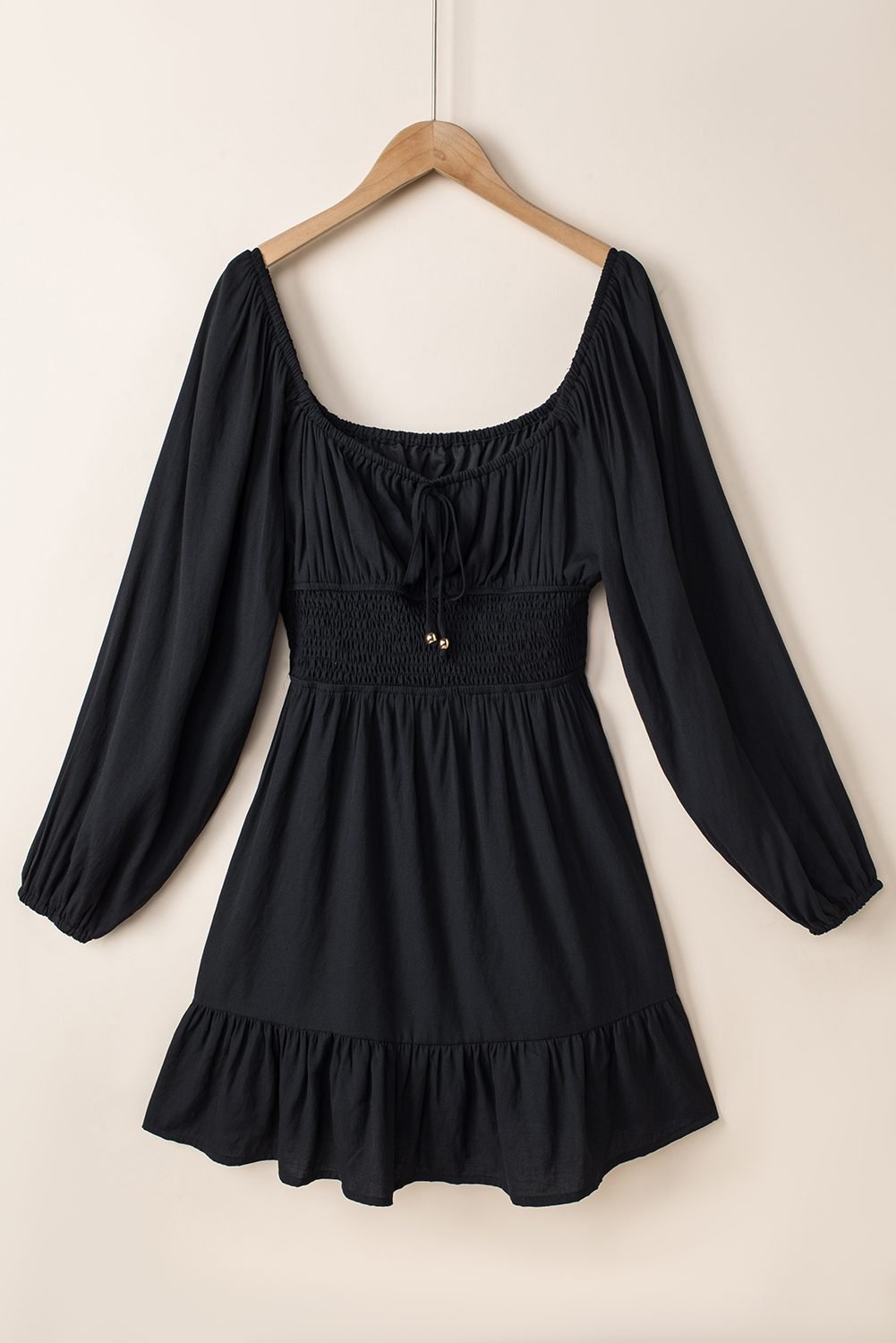 Black Solid Color Long Sleeve Shirred Drawstring Ruffle Mini Dress