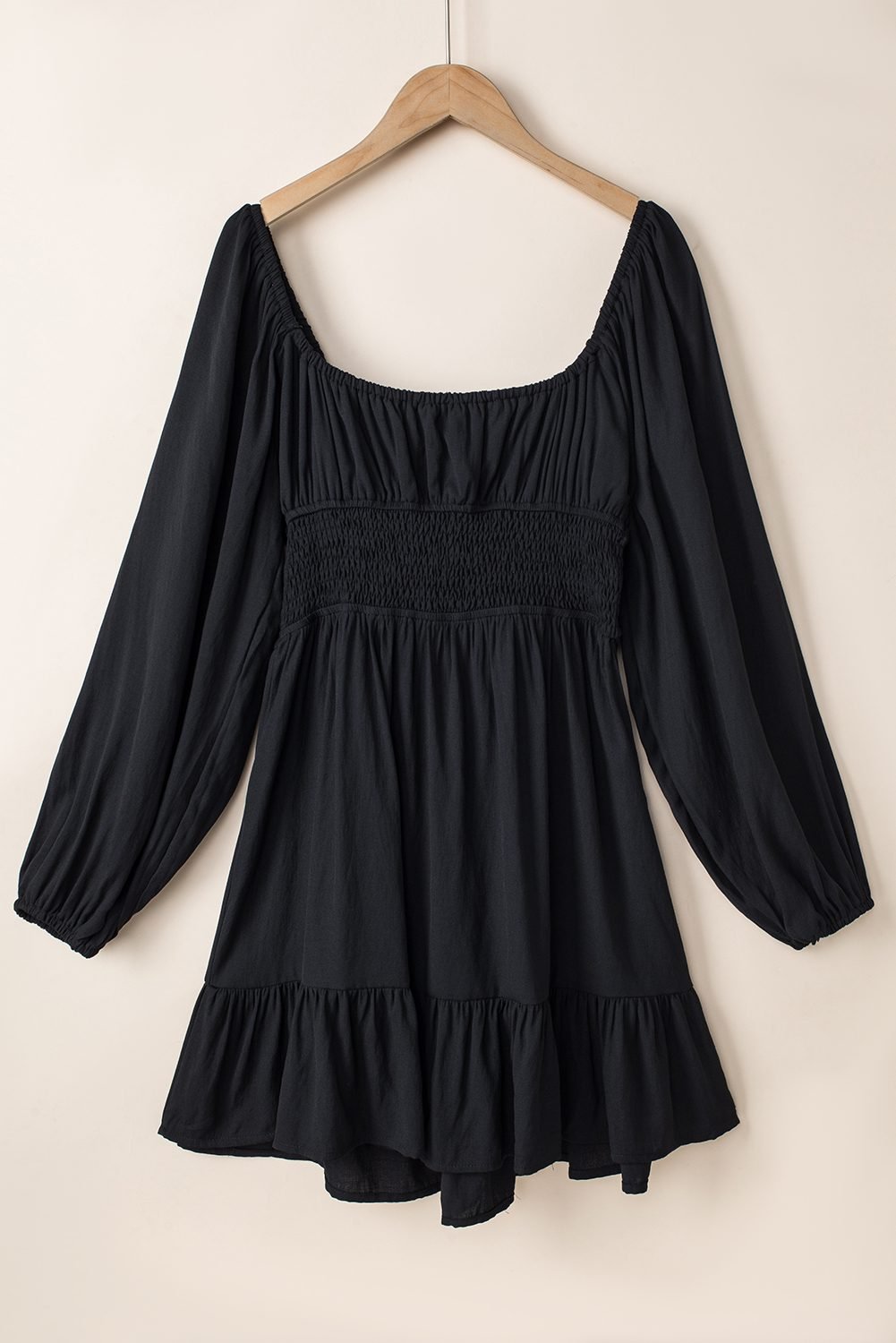 Black Solid Color Long Sleeve Shirred Drawstring Ruffle Mini Dress