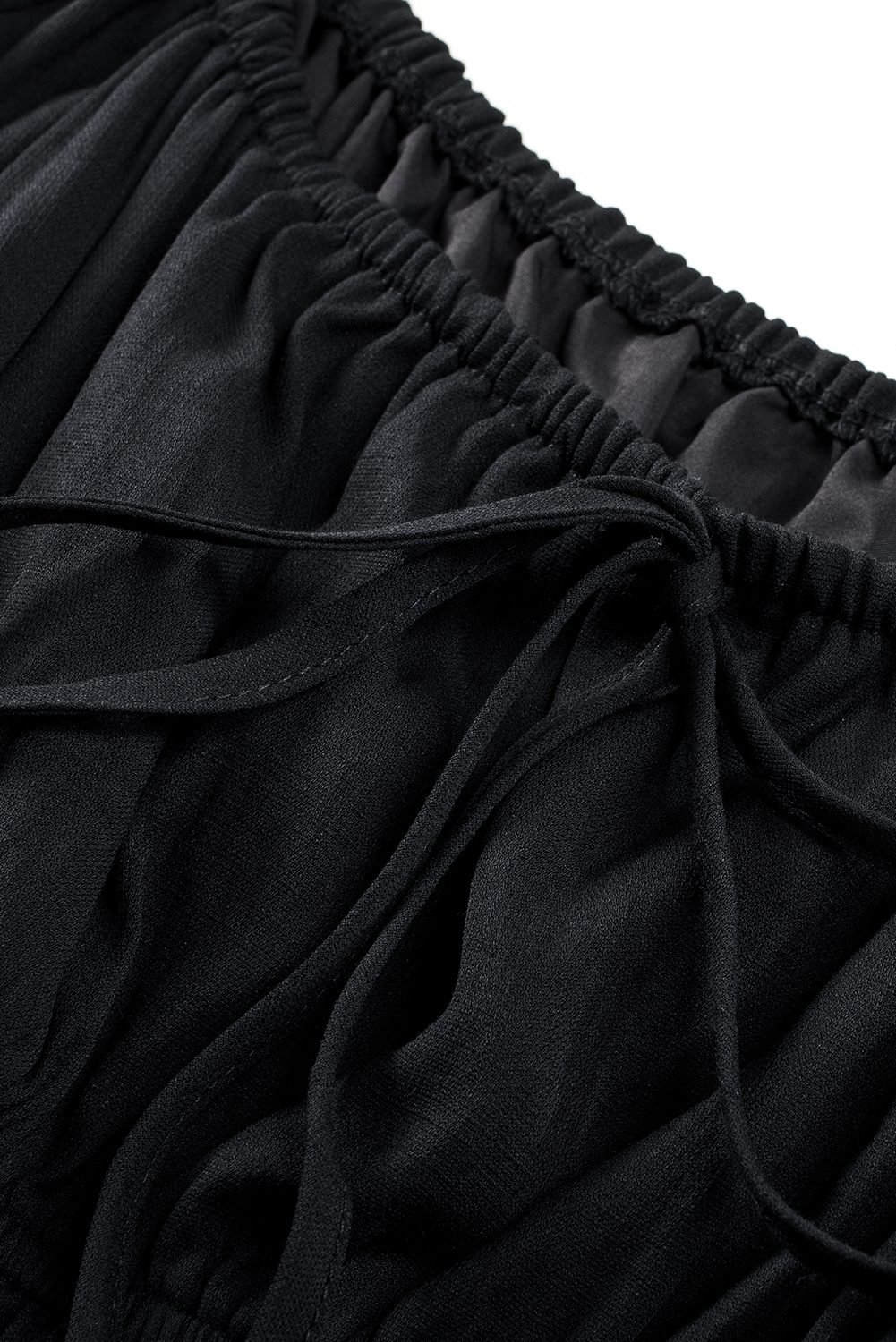 Black Solid Color Long Sleeve Shirred Drawstring Ruffle Mini Dress