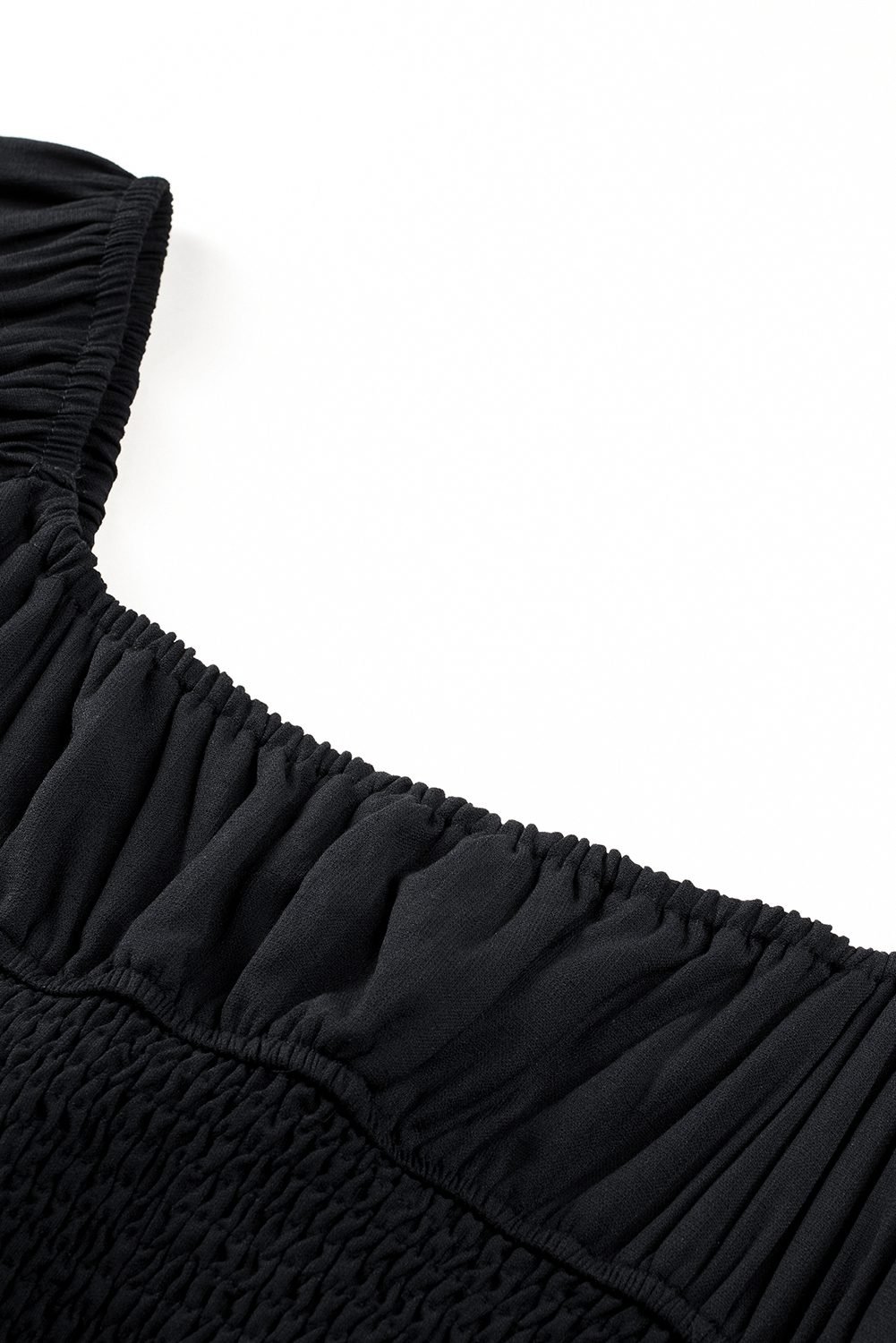 Black Solid Color Long Sleeve Shirred Drawstring Ruffle Mini Dress