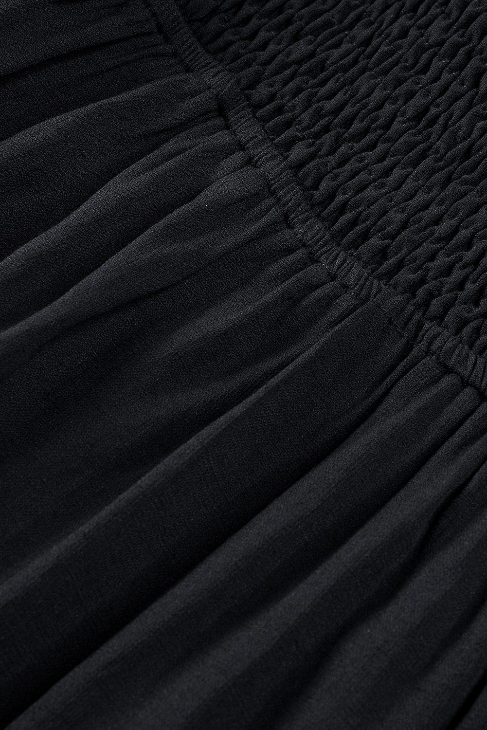 Black Solid Color Long Sleeve Shirred Drawstring Ruffle Mini Dress