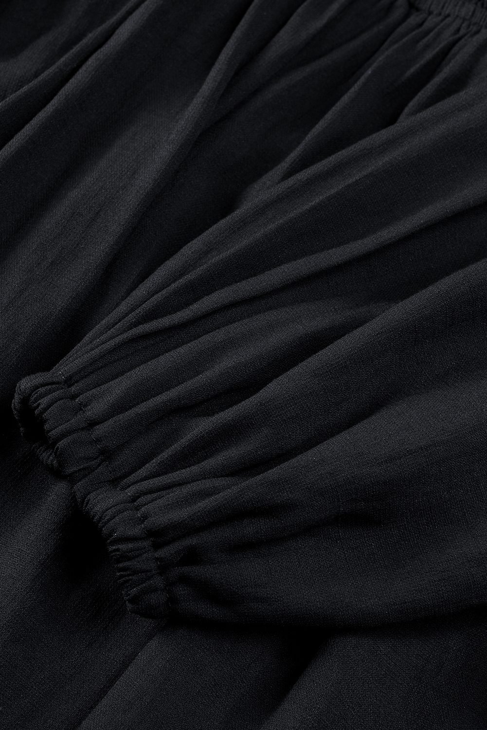 Black Solid Color Long Sleeve Shirred Drawstring Ruffle Mini Dress
