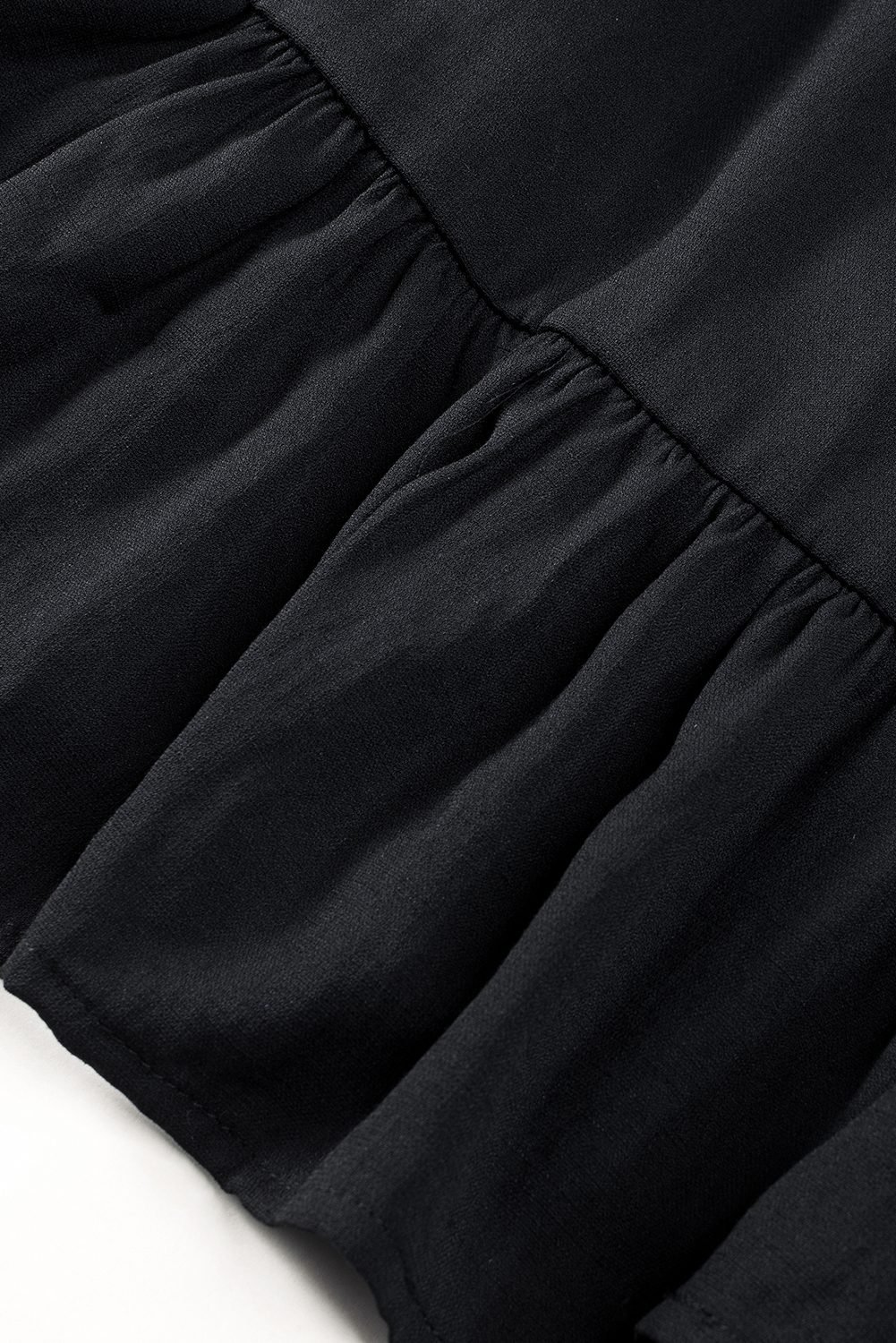 Black Solid Color Long Sleeve Shirred Drawstring Ruffle Mini Dress
