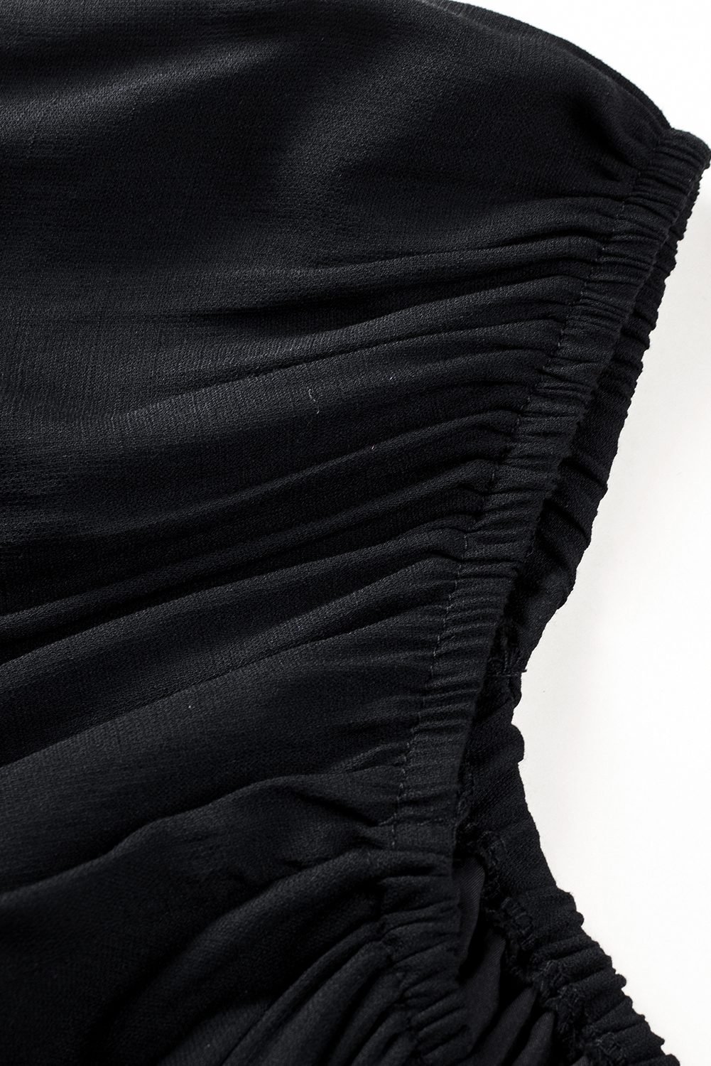 Black Solid Color Long Sleeve Shirred Drawstring Ruffle Mini Dress