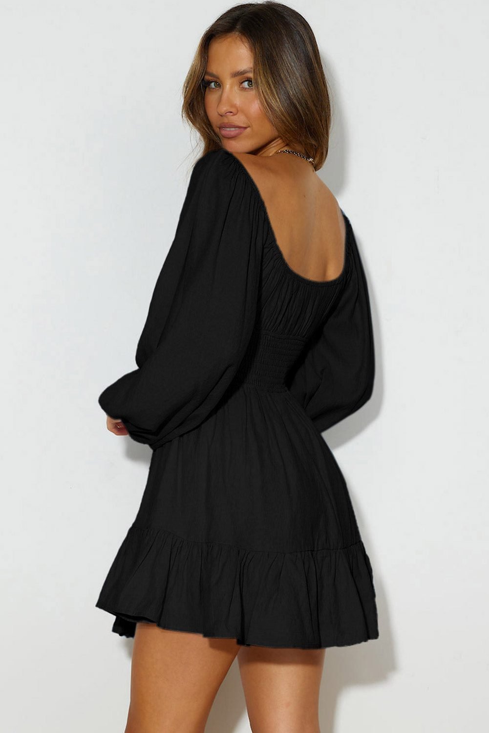 Black Solid Color Long Sleeve Shirred Drawstring Ruffle Mini Dress
