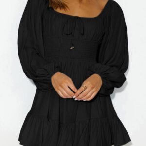 Black Solid Color Long Sleeve Shirred Drawstring Ruffle Mini Dress