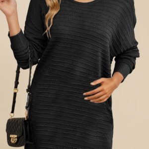 Black Solid Color Raised Rib Knit Dolman Sleeve Shift Sweater Dress