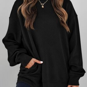 Black Solid Color Textured Round Neck Drop Shoulder Pullover Sweatshirt