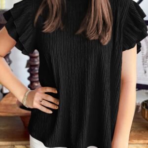 Black Solid Color Textured Ruffle Trim Short Sleeve Blouse