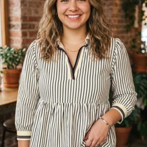 Black Stripe Patchwork Striped V Neck Tunic Plus Size Blouse