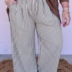 Black Stripe Plus Size Tie Waist Loose Pants