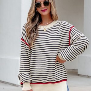 Black Stripe Ribbed Trim Drop Shoulder Oversized Sweater