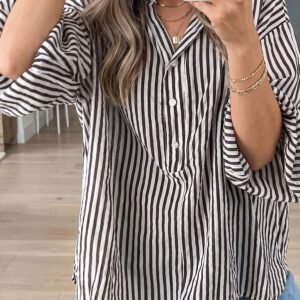 Black Striped Half Sleeve Button-Up Shirt