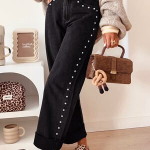Black Studded Detail Straight Leg Casual Loose Jeans