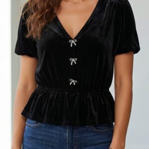 Black V Neck Bow Decoration Peplum Hem Shift Silhouette Short Sleeve Blouse