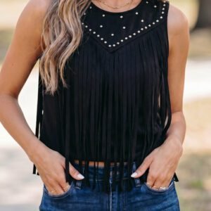 Black Western Fringe Rivet Paneling Bust Sleeveless Top