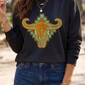 Black Western Steer Head Print Long Sleeve Round Neck Shift Top