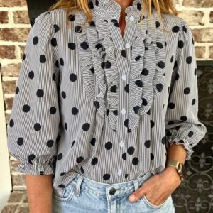 Black white Polka Dot Striped Print Ruffle Stand Neck 3/4 Sleeve Shift Shirt