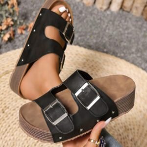 Black white Retro Double Buckle PU Leather Faux Suede Platform Slippers