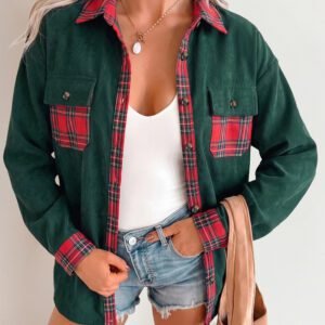Blackish Green Plaid Pocket Button Long Sleeve Shift Shacket
