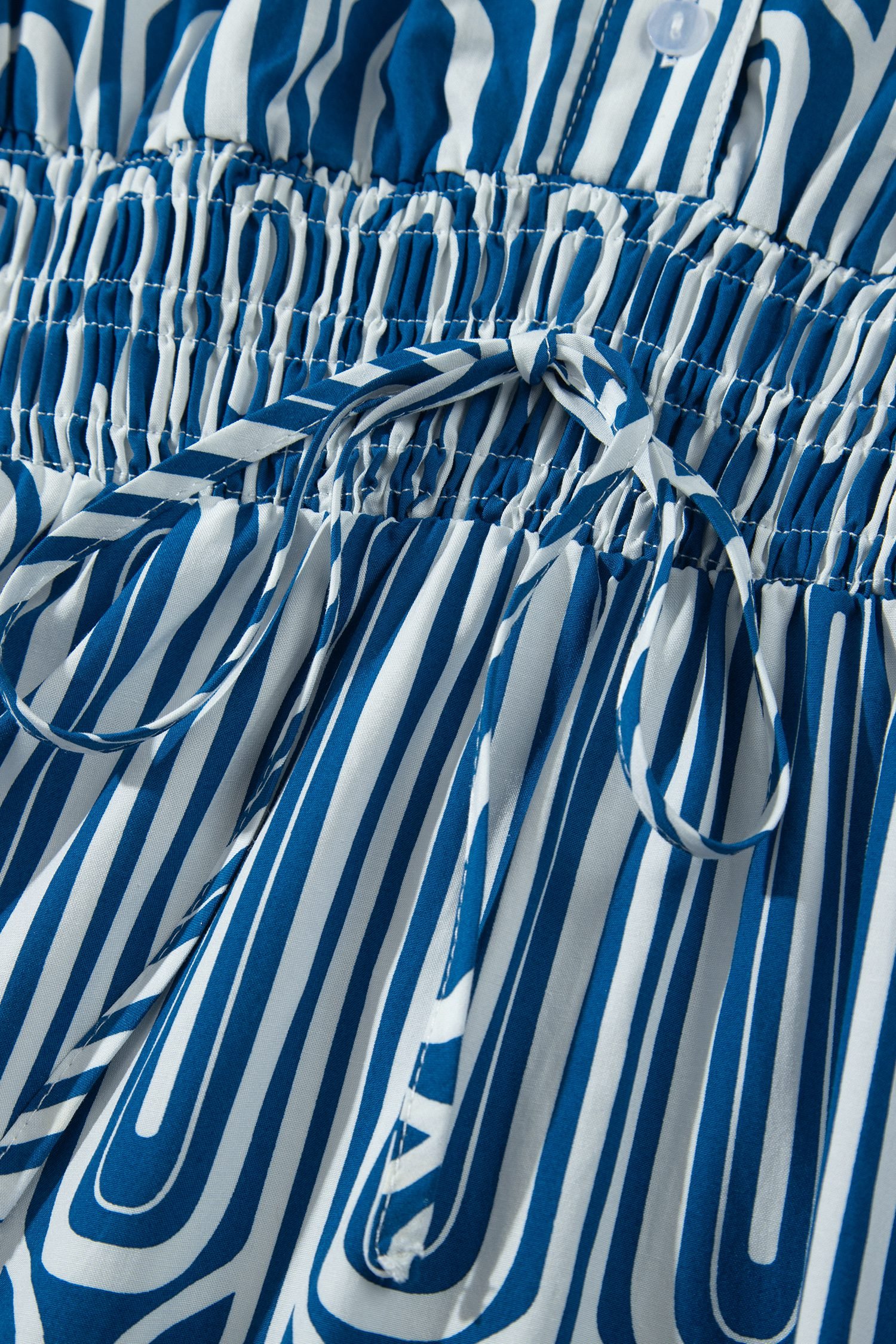 Blue Geometric Print Short Sleeve Drawstring Shirt Collar Dress